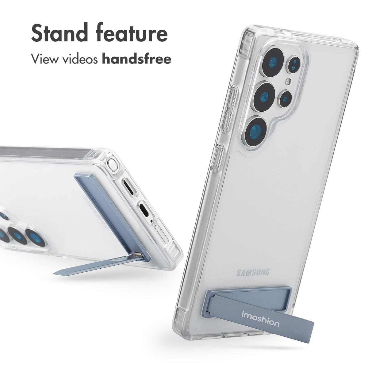 Coque transparente avec support bleu intégré à l'arrière pour visionnage mains libres.