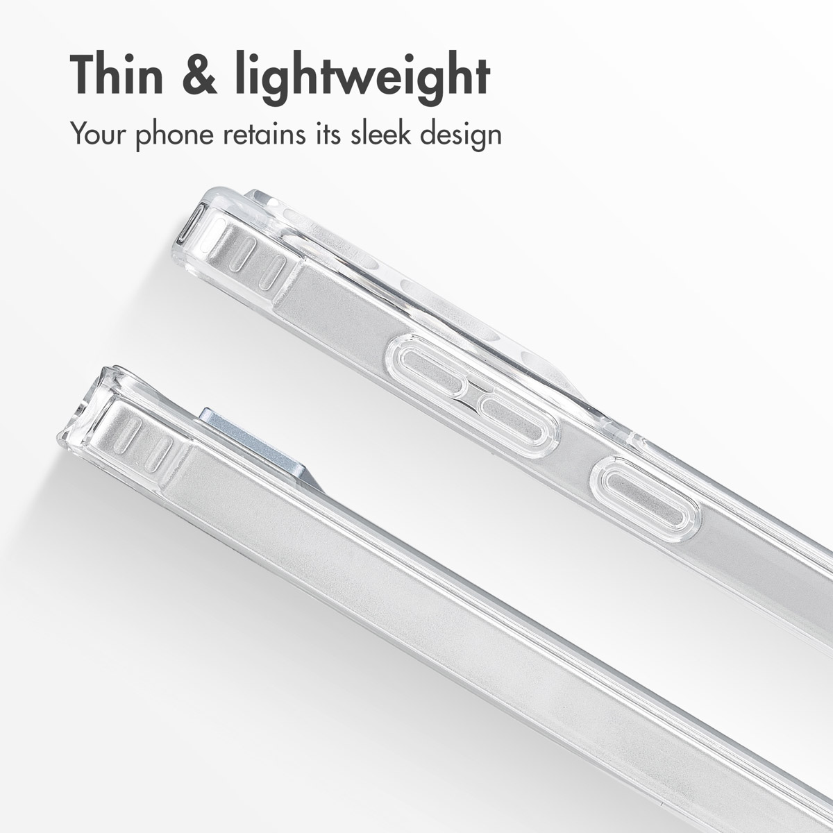 Deux coques de téléphone transparentes côte à côte avec le texte 'Fin et léger'.