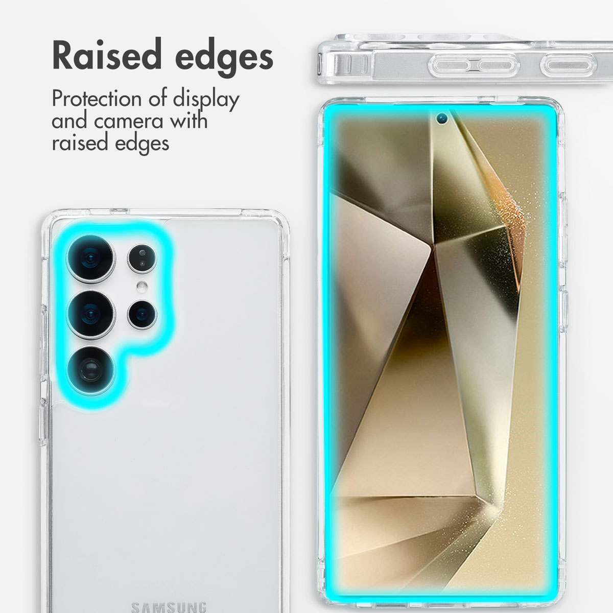 Coque de protection transparente avec bords surélevés pour écran et appareil photo.