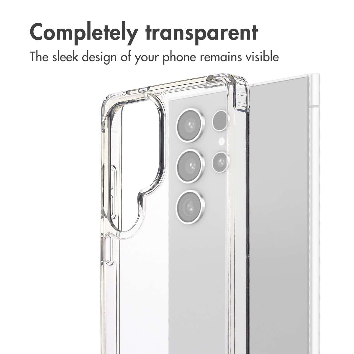 Une coque transparente claire montre l'arrière d'un smartphone avec plusieurs objectifs de caméra.