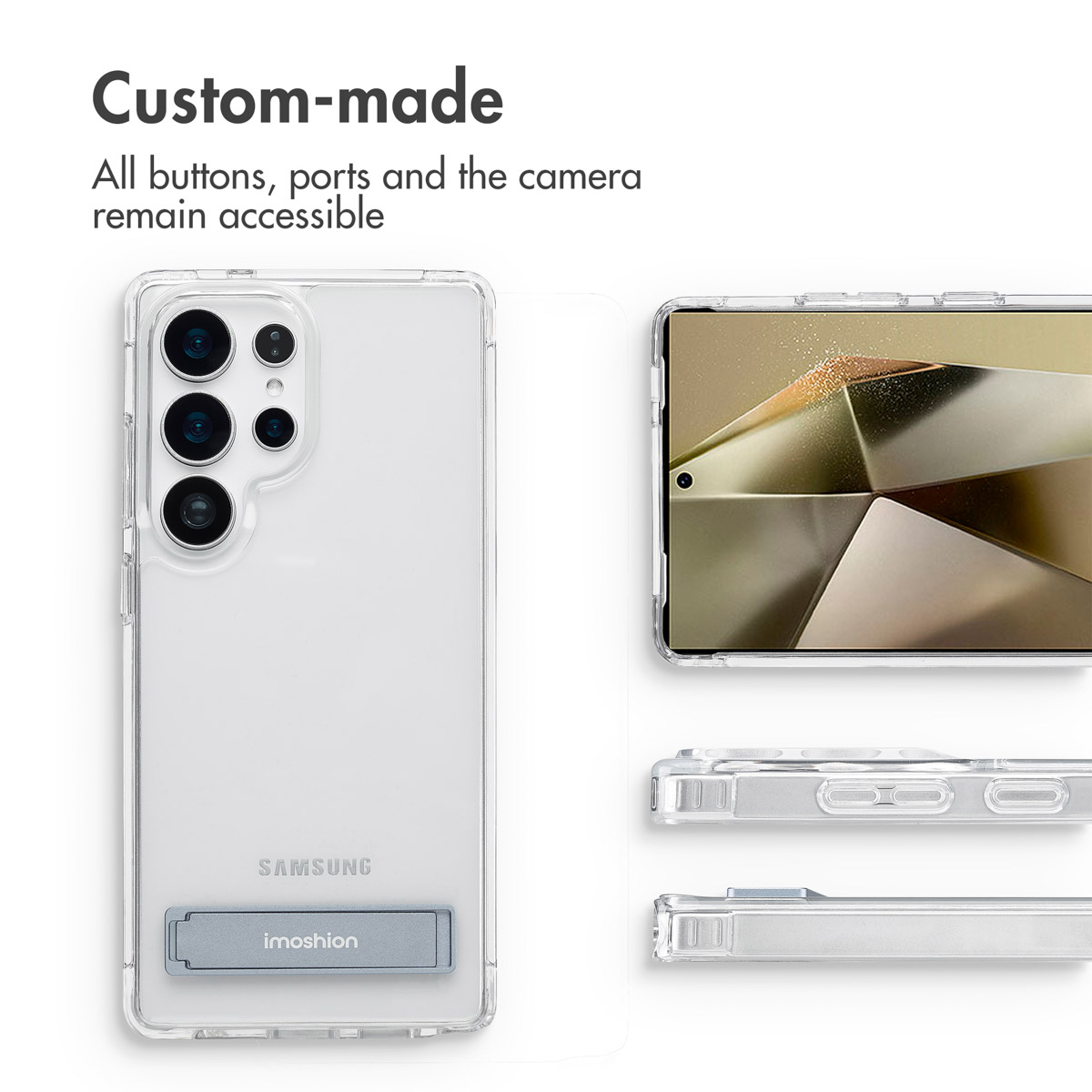 Coque de téléphone transparente avec béquille et texte en haut.