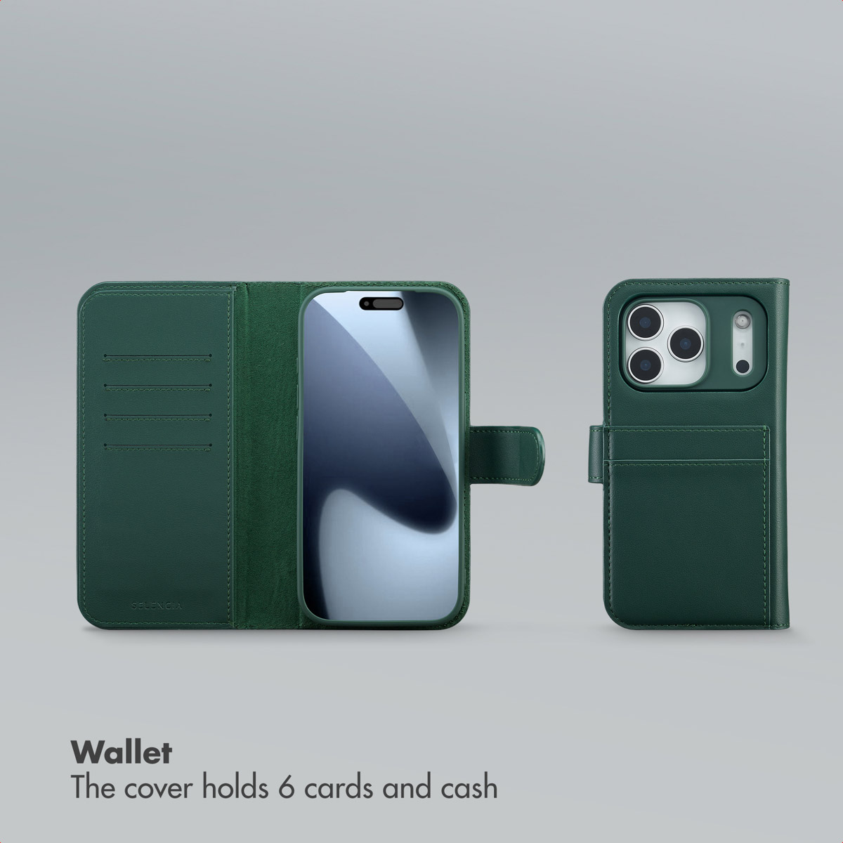 Fundas de cuero verde con móvil, ranuras para tarjetas y recorte de cámara sobre fondo gris.