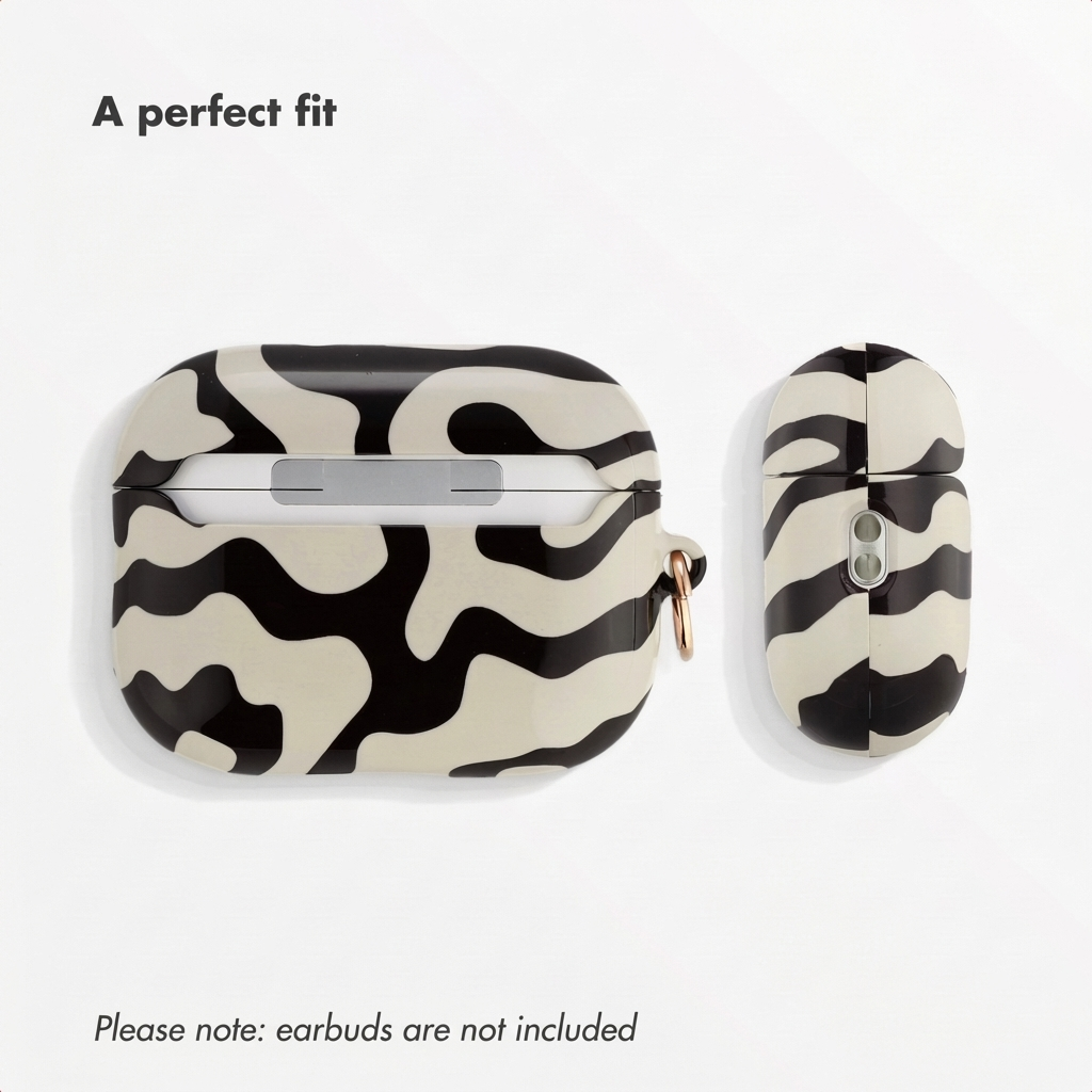 Estuche para auriculares inalámbricos con diseño de vaca en blanco y negro, visto de frente y de lado con anillo dorado.