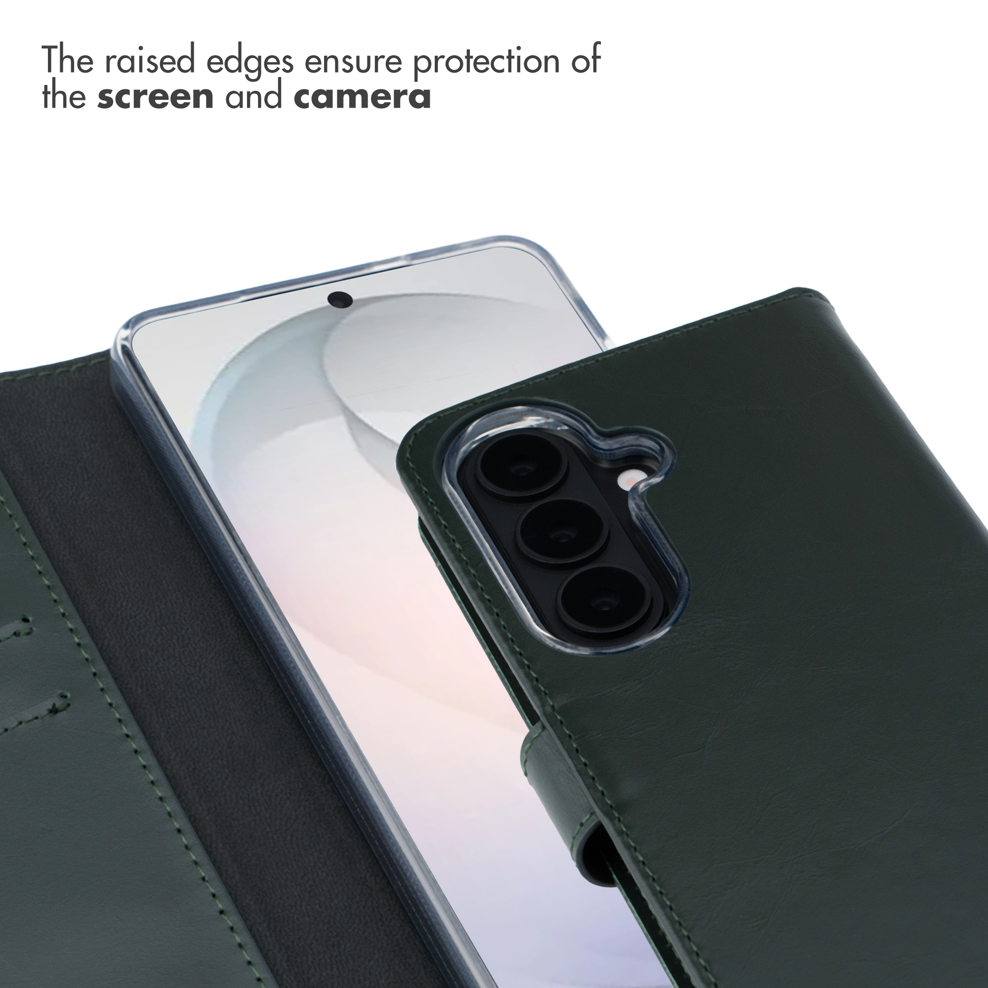 Uno smartphone in una custodia in pelle verde scuro, che evidenzia i bordi rialzati per la protezione.