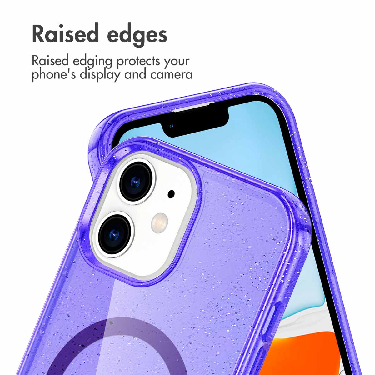 Cover per telefono viola glitterata con bordi rialzati per proteggere lo schermo.