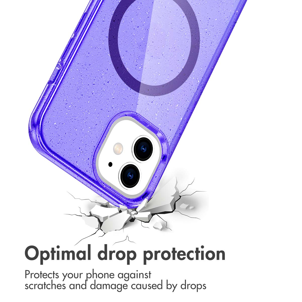 Custodia per smartphone viola con ritaglio per fotocamera e testo di protezione.