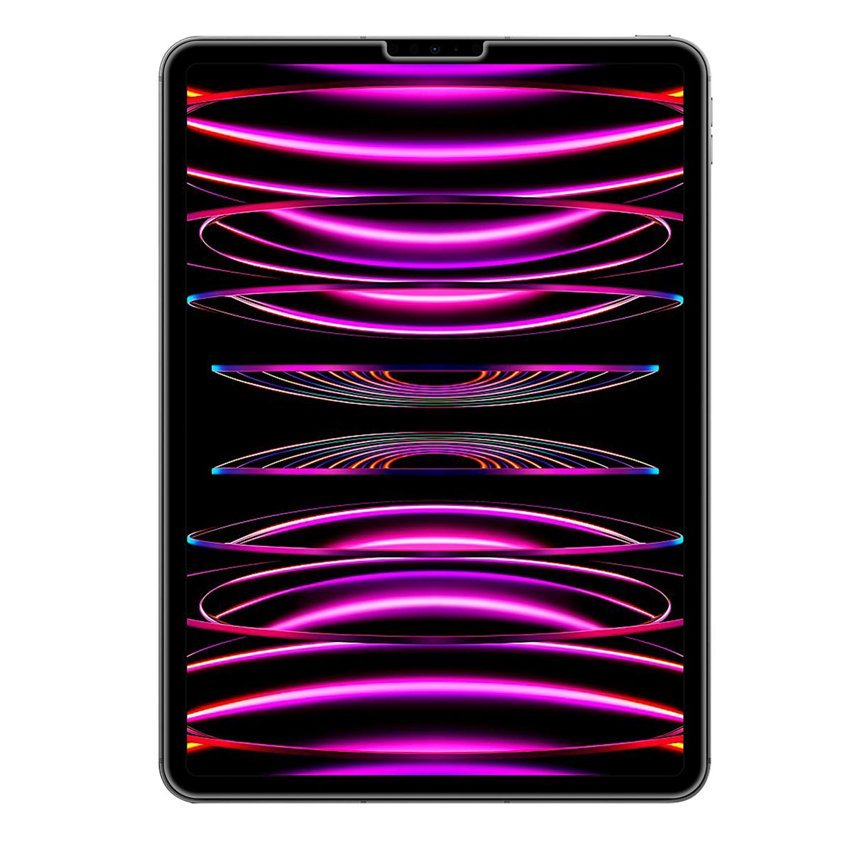 Tablet w ciemnej ramce wyświetla żywy, abstrakcyjny wzór świecących różowych i niebieskich pierścieni na czarnym tle.