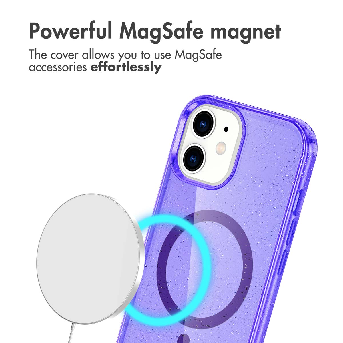 Una custodia per telefono viola glitterata con caricabatterie MagSafe e icona ad anello blu luminoso.