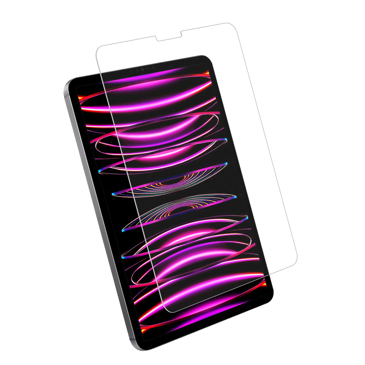 Tablet z kolorowym wyświetlaczem ma nad sobą lekko unoszące się szklane szkło ochronne.