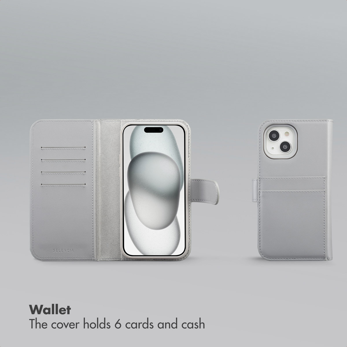 Étui portefeuille en cuir gris pour téléphone, ouvert et fermé, avec des fentes pour cartes sur un fond gris.