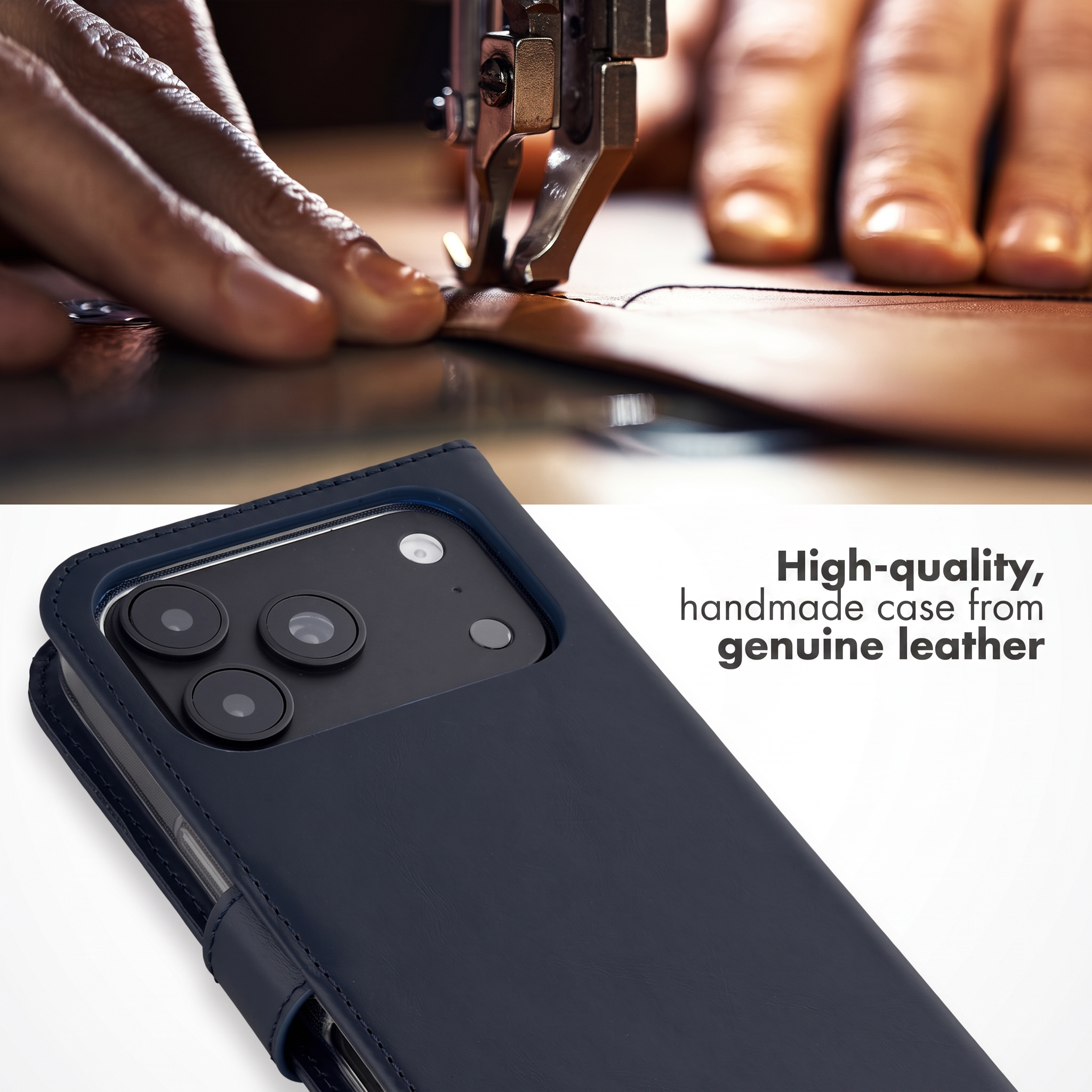 Eine blaue Leder-Handyhülle mit Text und verschwommenem Hintergrund, der Hände beim Nähen von Leder zeigt.