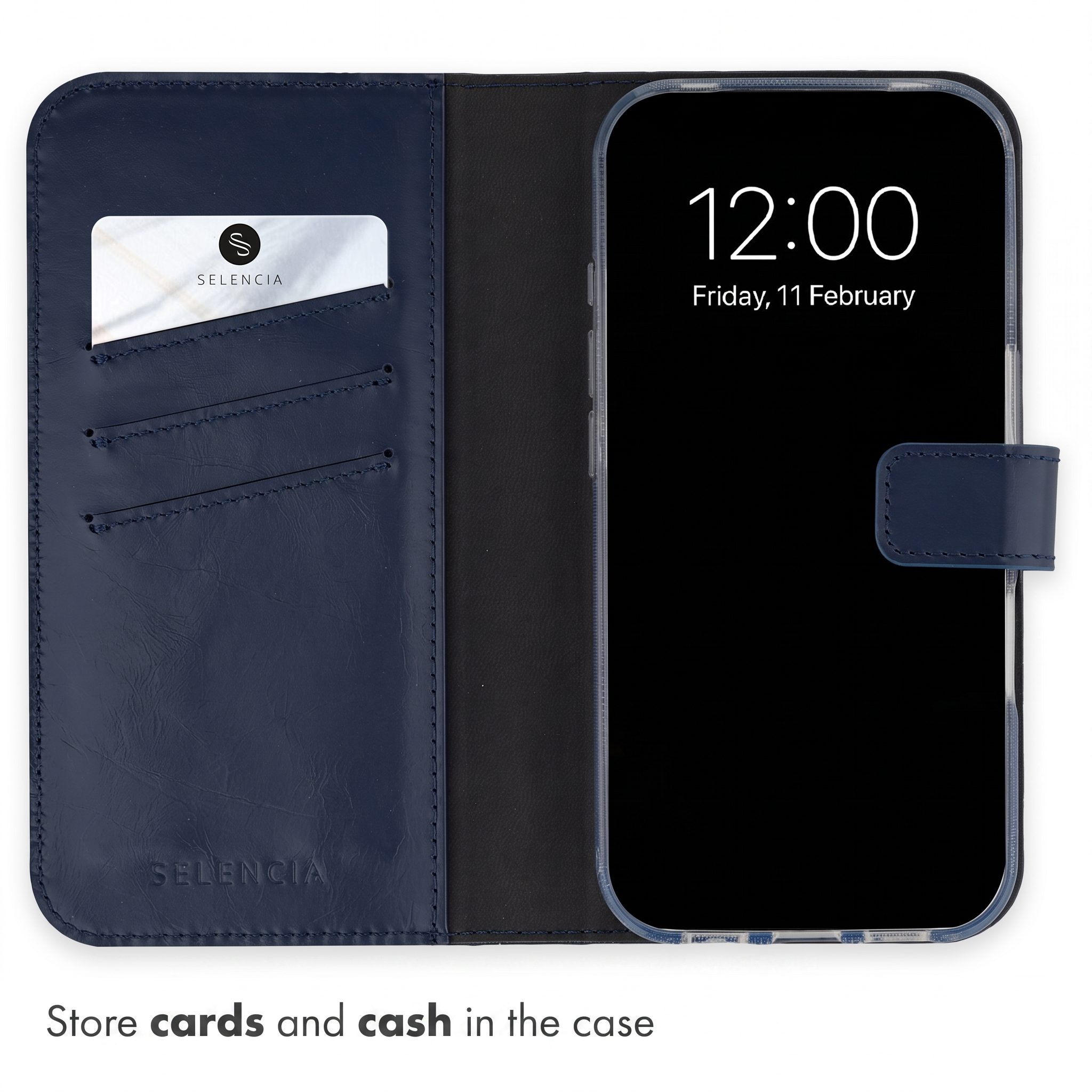 Eine dunkelblaue Handy-Brieftasche aus Leder mit Kartenfächern und einem Smartphone mit Anzeige 12:00 Uhr.