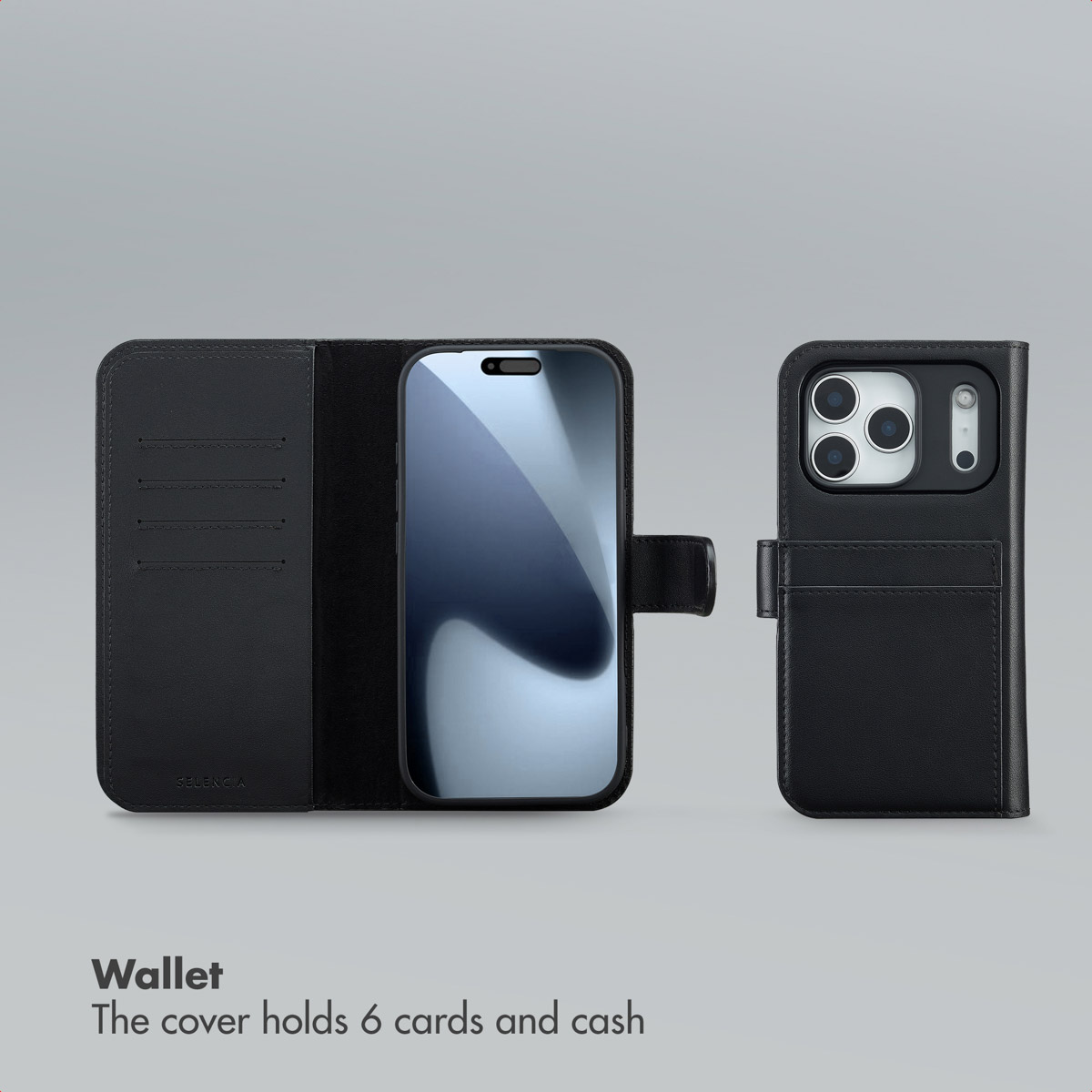 Una funda de cuero negro para teléfono con tarjeteros visibles en la solapa interior.