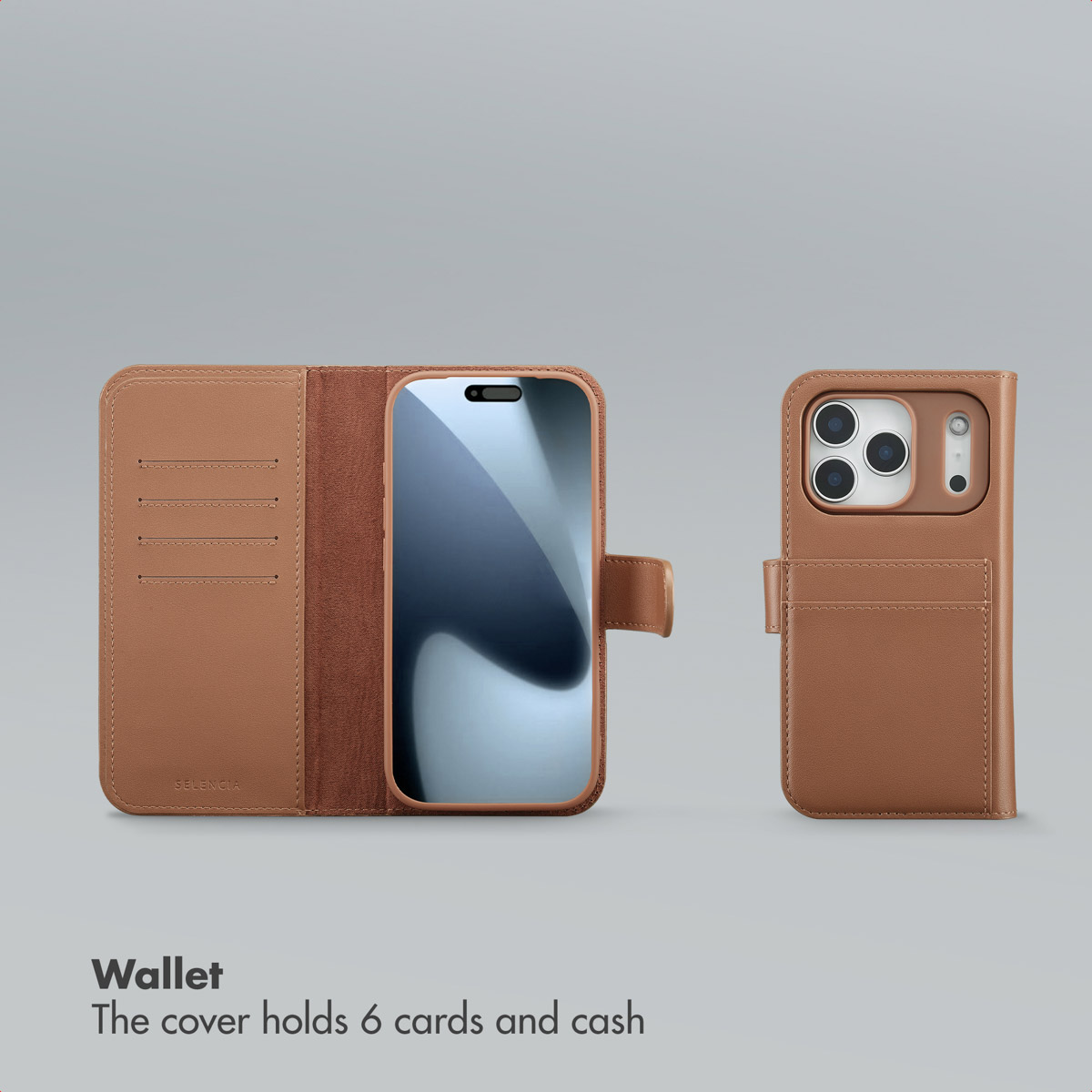 Fundas de cuero marrón con ranuras para tarjetas y un smartphone, abierto y cerrado sobre fondo gris.