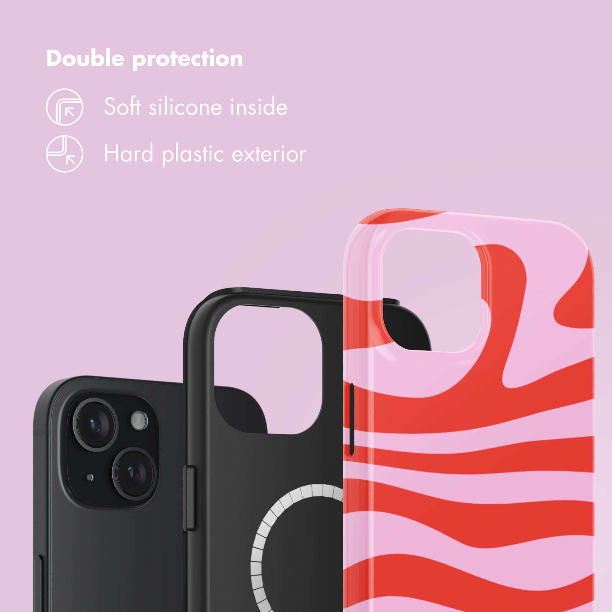 Dubbele bescherming: zachte siliconen binnenkant, harde plastic buitenkant, met drie telefoonhoesjes.