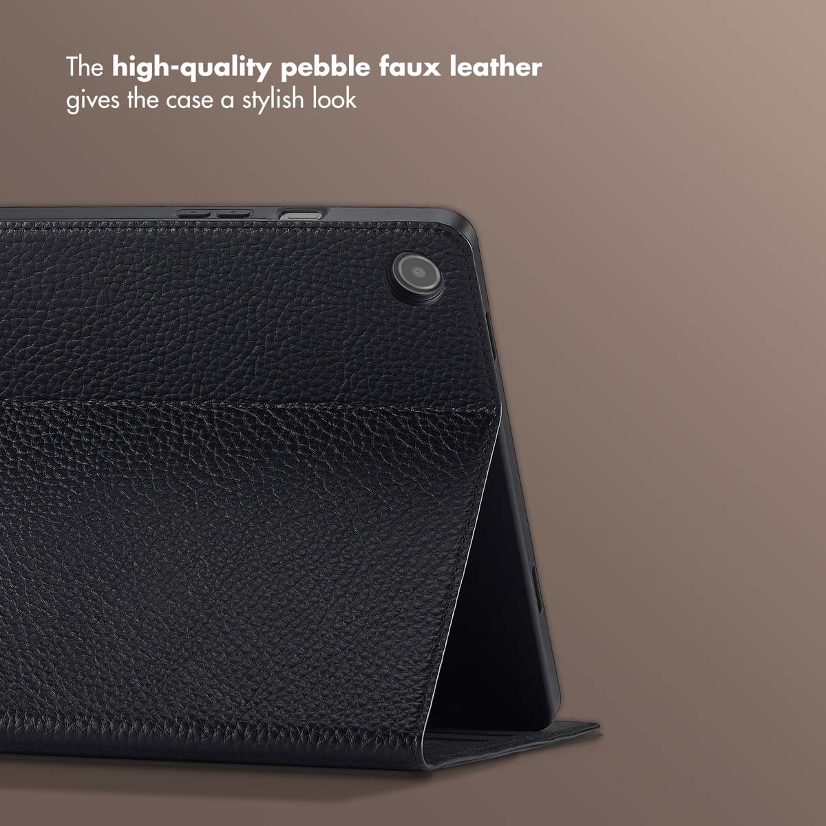 A black faux leather tablet case with a textured surface and camera cutout.