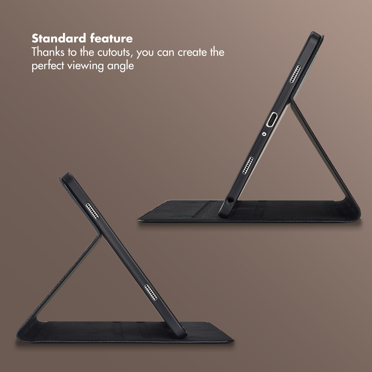 Two tablets in black cases shown sideways, demonstrating different viewing angles against a brown background.