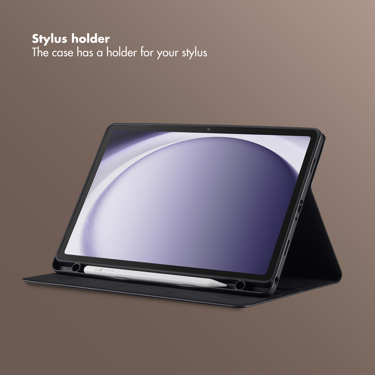 A tablet in a black case with a built-in stylus holder on a brown background.
