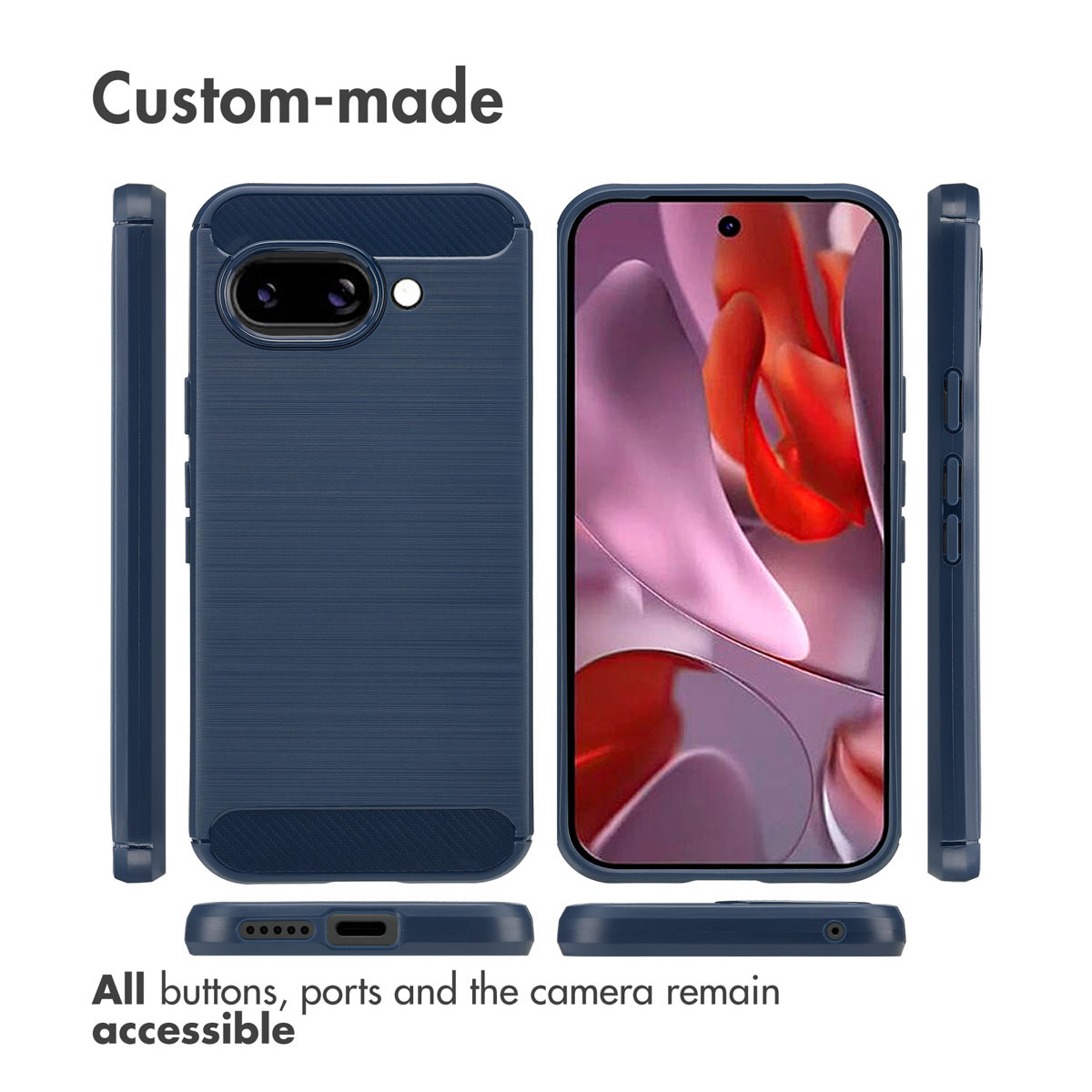 Dark blue phone case shown from multiple angles with text "Custom-made" and "All buttons...".