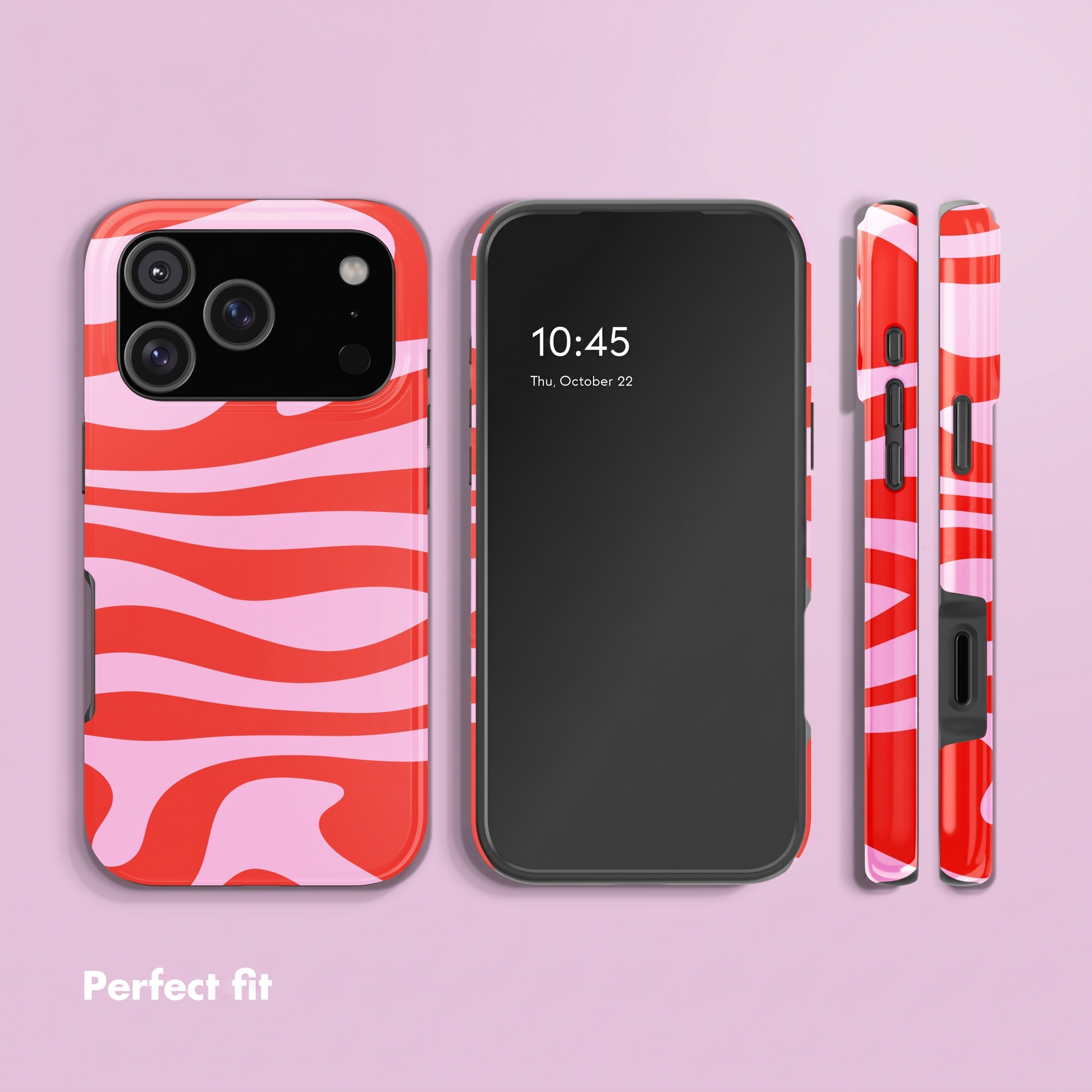 Ein Smartphone aus mehreren Winkeln mit rosa-rotem Wellenmuster-Cover vor rosa Hintergrund.