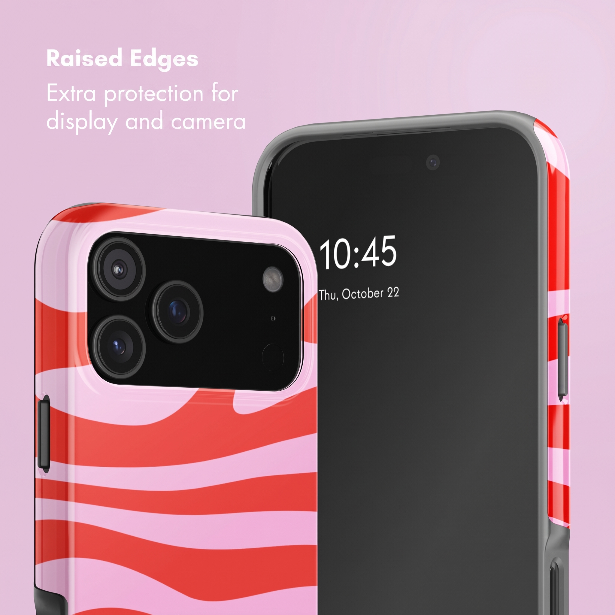 Zwei Smartphones mit rot-rosa wellgemusterten Hüllen vor rosa Hintergrund zeigen erhöhte Ränder.
