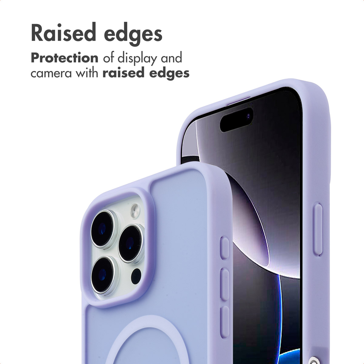 Dos fundas de teléfono moradas claras muestran bordes elevados para proteger cámara y pantalla.