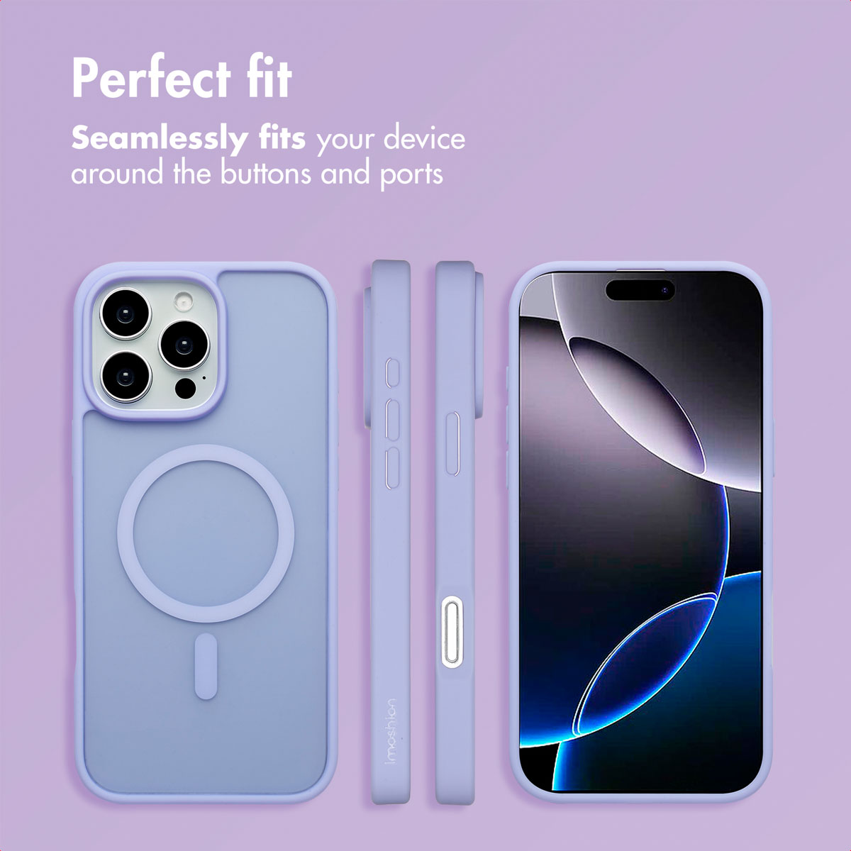Funda de teléfono morada clara desde varios ángulos sobre fondo morado.