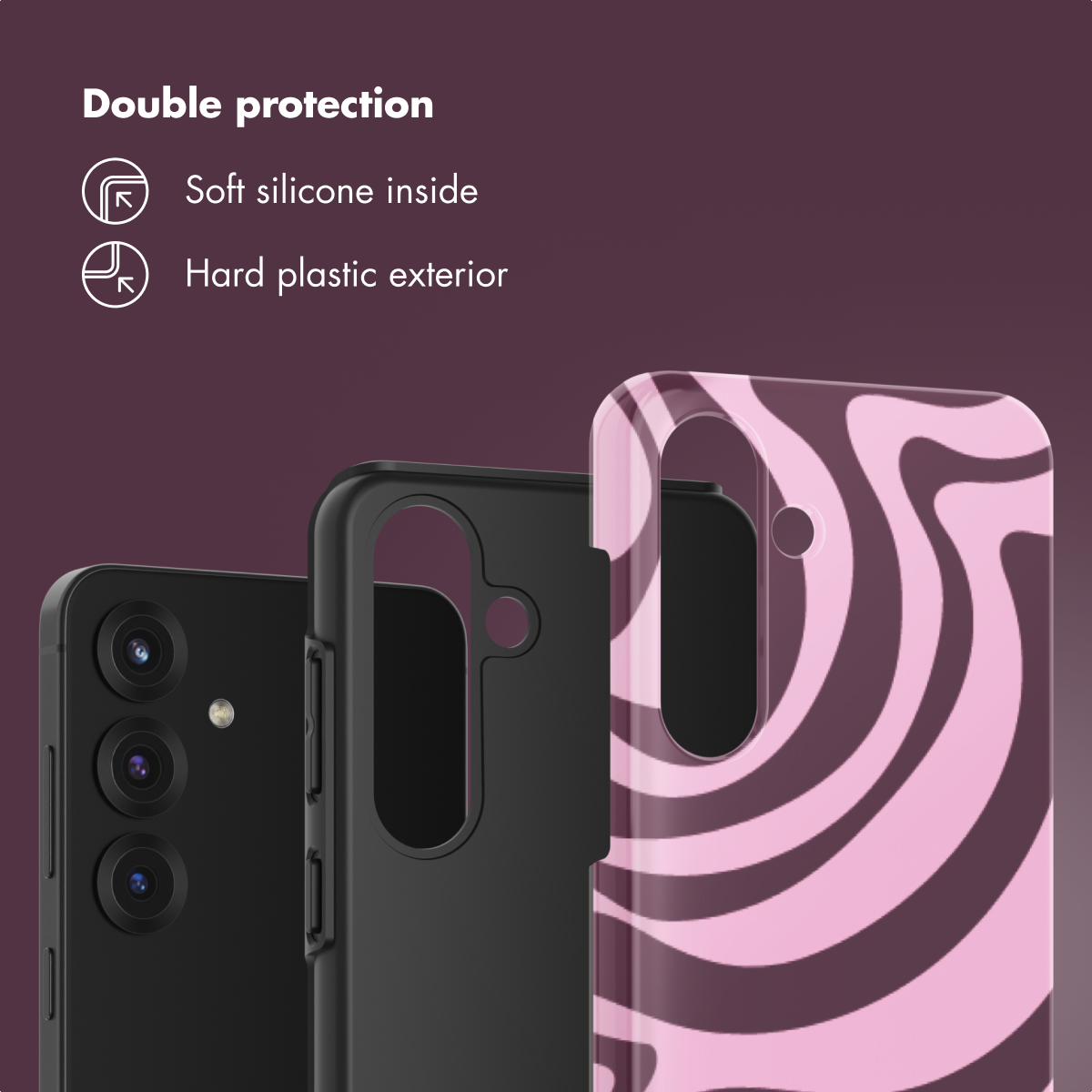 Coque de téléphone avec silicone souple à l'intérieur et plastique dur à l'extérieur.