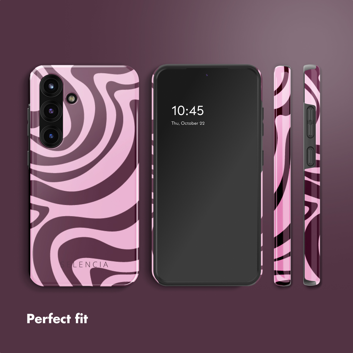 Quatre vues d'un smartphone avec une coque à motif abstrait ondulé rose et violet foncé.