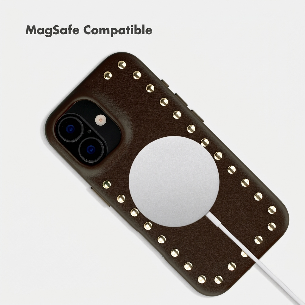 Braune Lederhandyhülle mit goldenen Nieten, MagSafe-Kompatibilität und weißem Ladekabel.