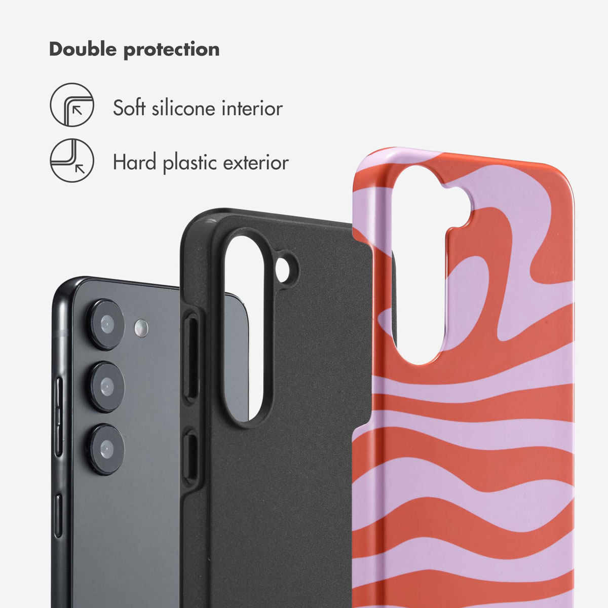 Smartphone avec coque de double protection, intérieur en silicone souple et extérieur en plastique dur.