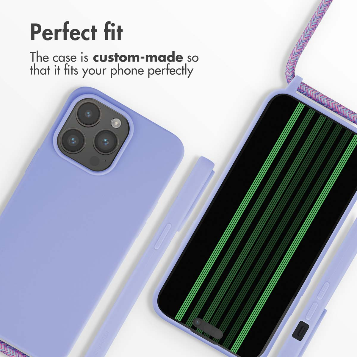 Fundadora de móvil morada con correa a juego y smartphone. Texto: Perfect fit.