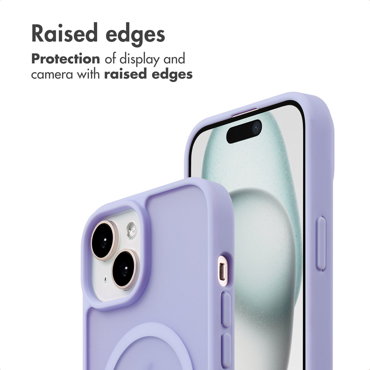 Twee lichte paarse telefoonhoesjes tonen verhoogde randen voor scherm- en camerabescherming.