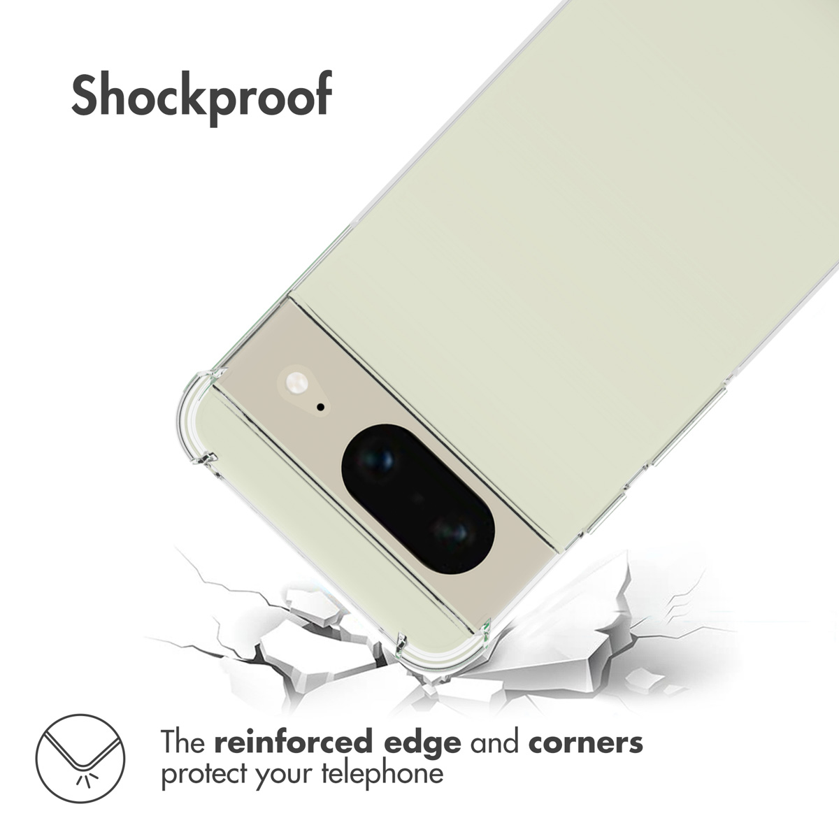 Una custodia per telefono verde chiaro con angoli rinforzati poggia su una superficie incrinata.