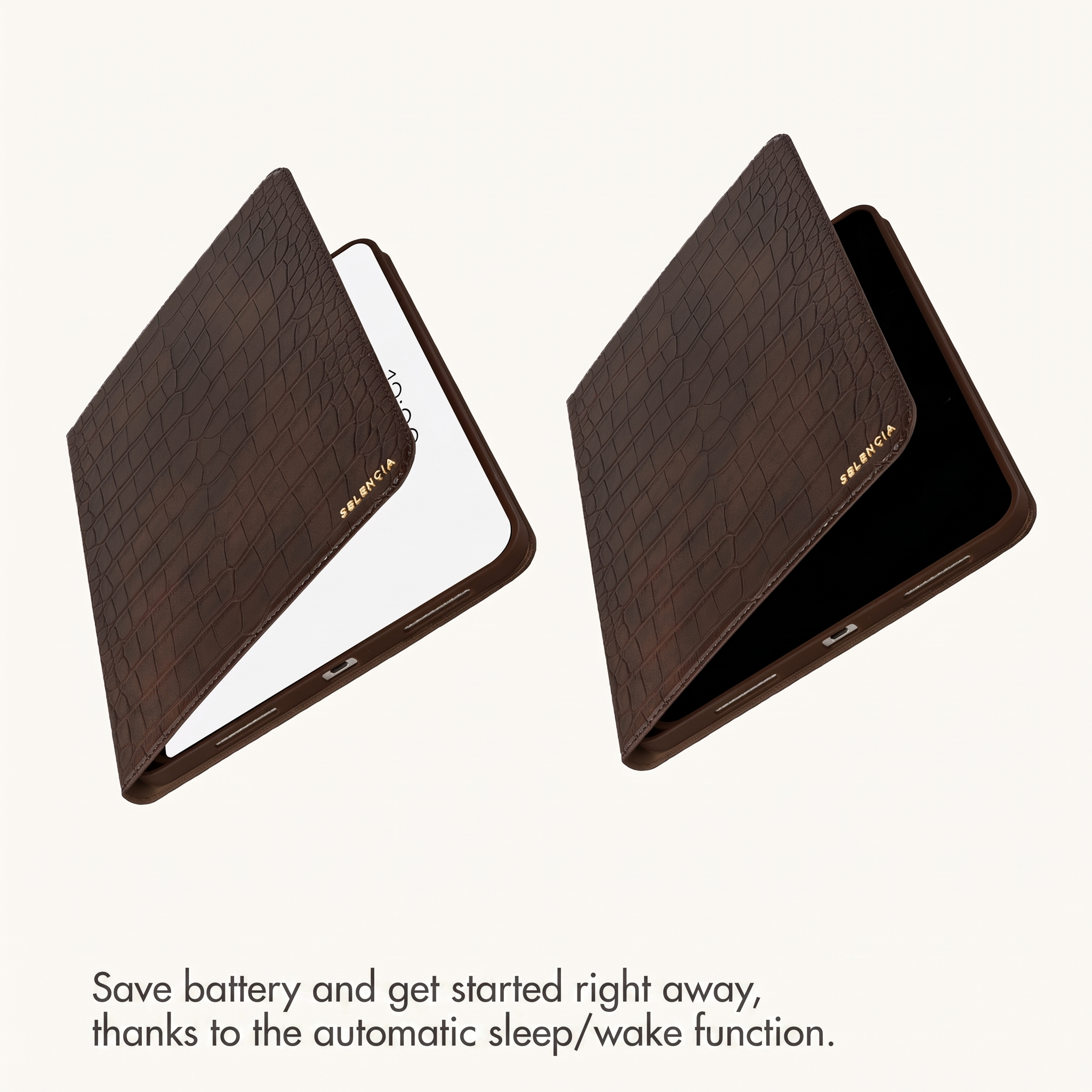 Two brown crocodile-texture tablet cases with automatic sleep/wake function on a light background.