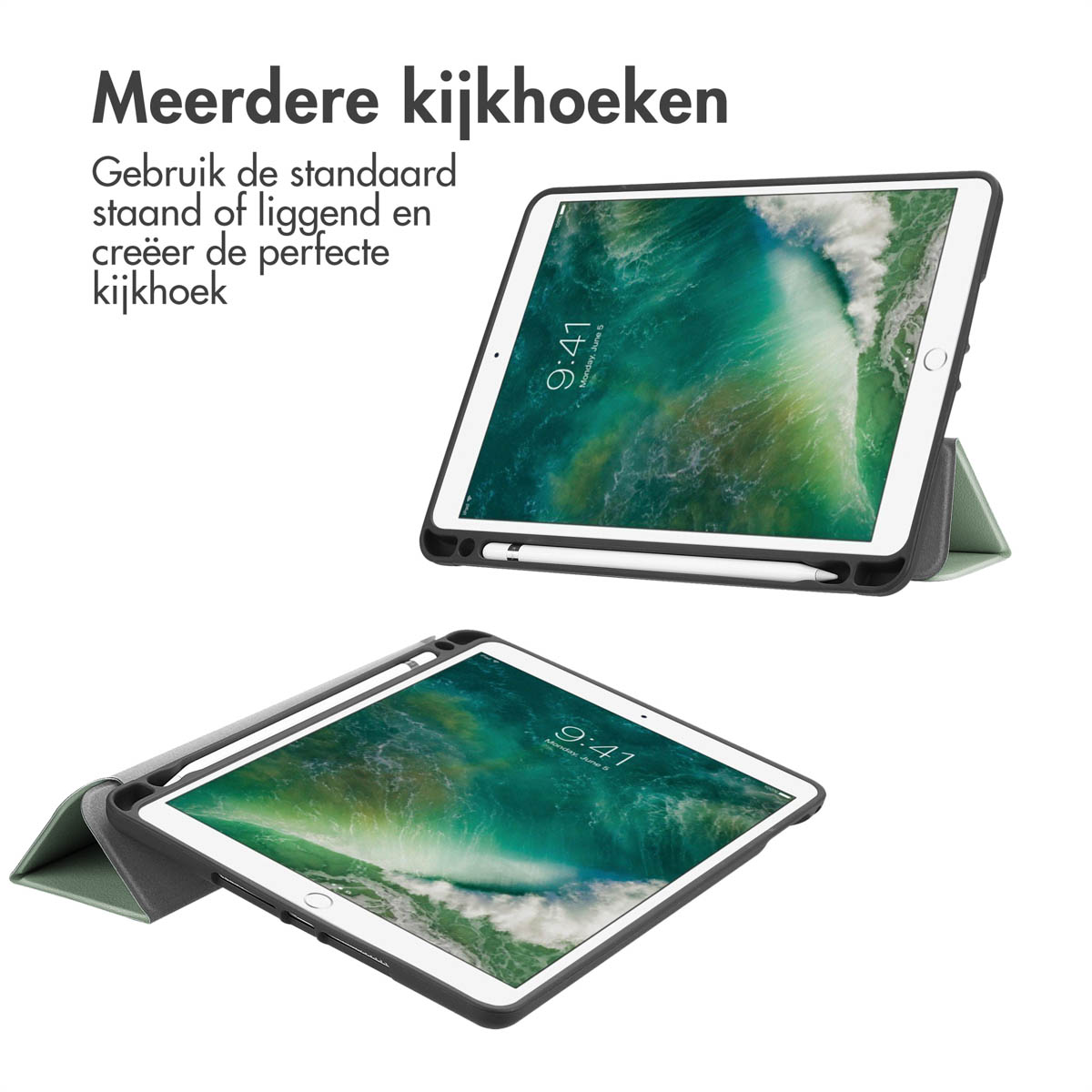 Un tablet in una custodia protettiva è mostrato in modalità verticale e orizzontale.