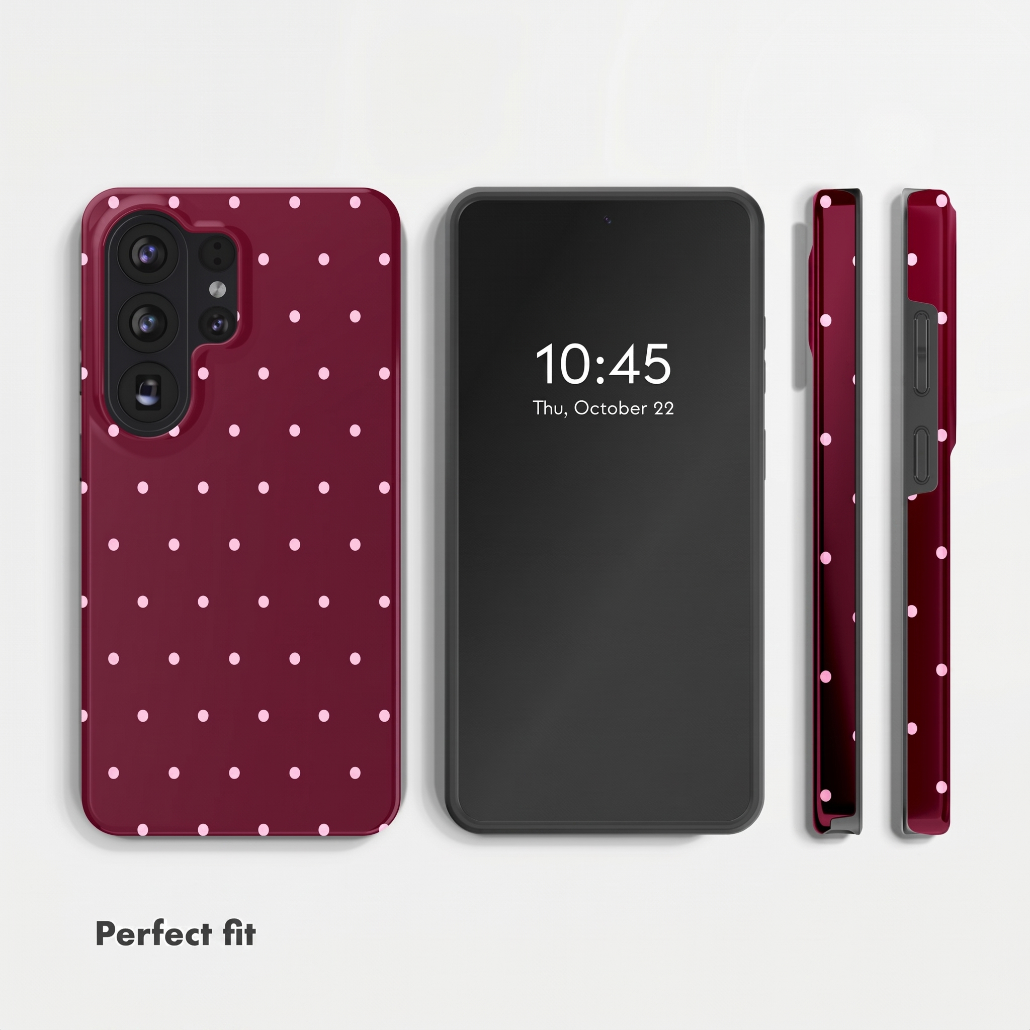 Smartphone in einer weinroten Hülle mit pinken Punkten und schwarzem Display auf weißem Hintergrund.