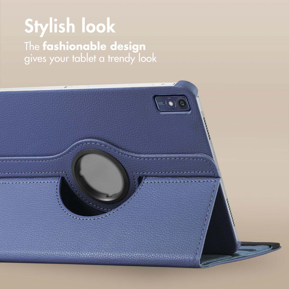 Blue tablet case with round stand and text at top.