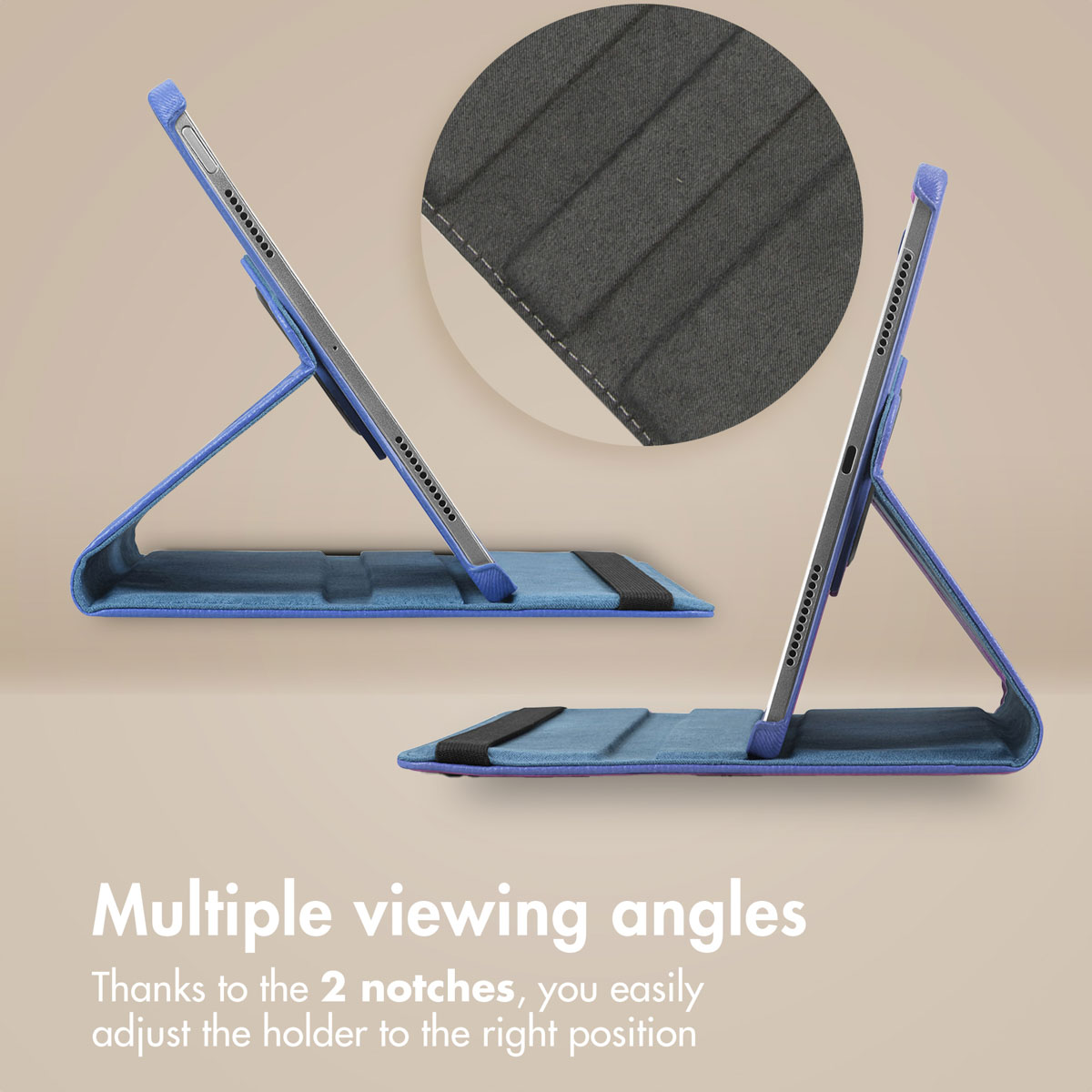Tablet in blue cover with adjustable viewing angles.