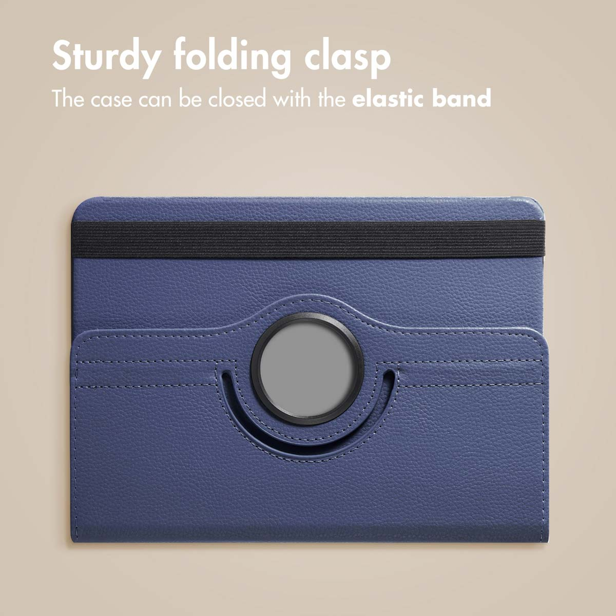 Blue tablet case featuring an elastic band and a round holder.