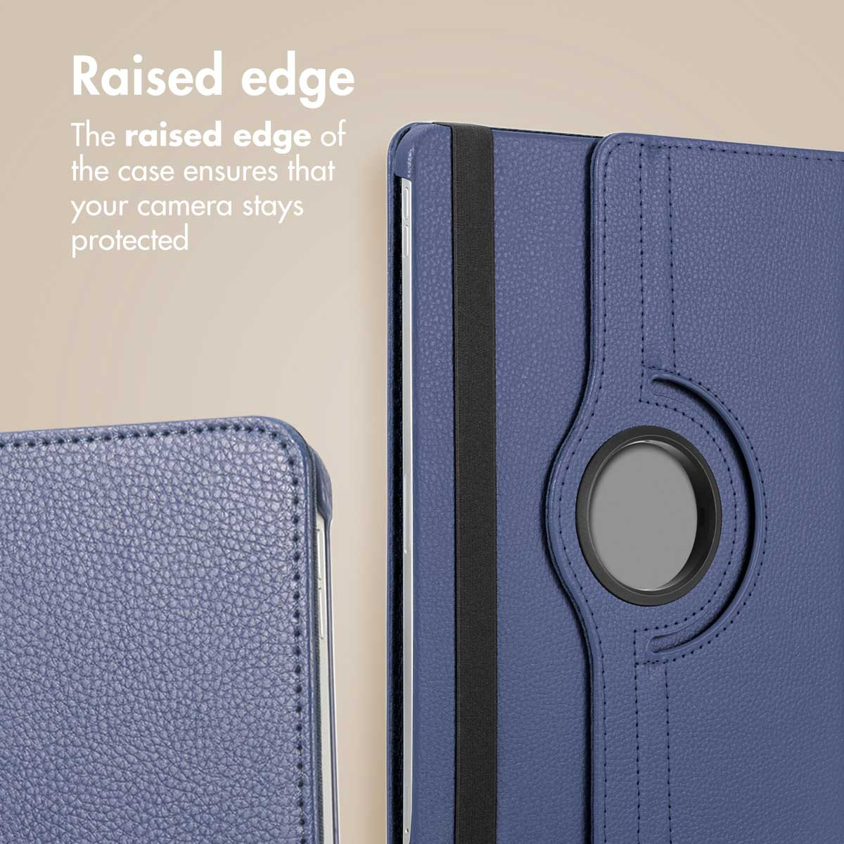 A blue tablet case featuring a raised edge for camera protection.