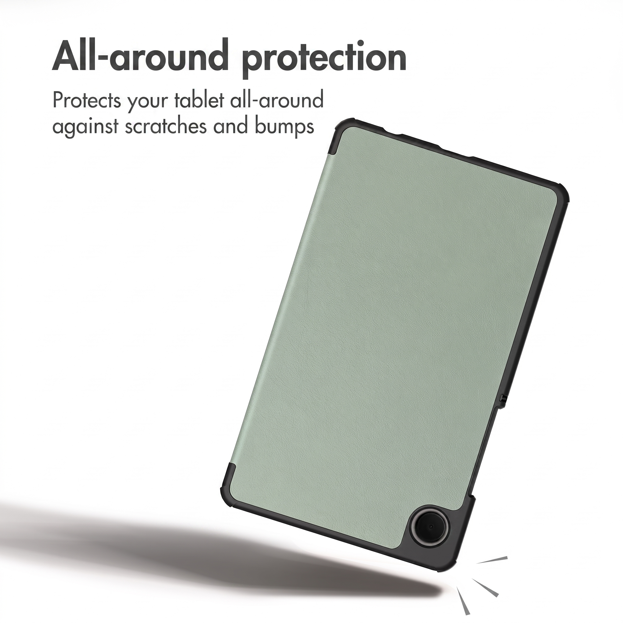 Tablet in een lichtgroene beschermhoes met zwarte randen.