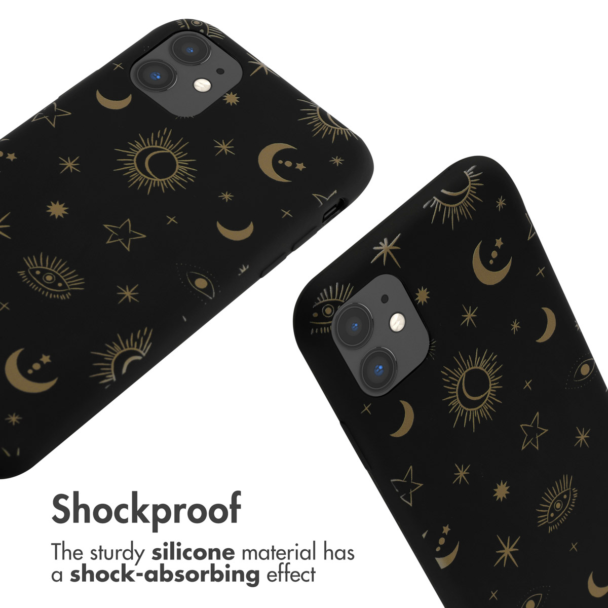 Due cover per telefono in silicone nero con motivo celeste dorato, etichettate come Antiurto.