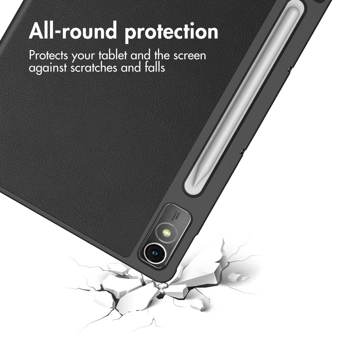 A black tablet case with a stylus slot and camera cutout resting on cracked white ground, with promotional text.
