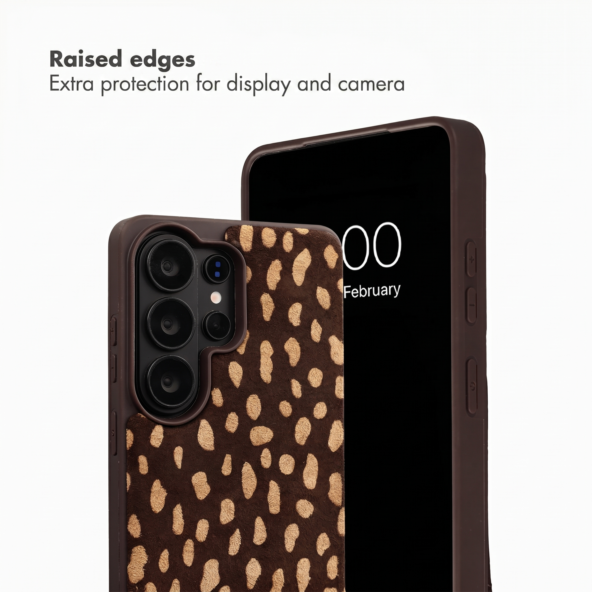 Zwei Smartphones zeigen erhöhte Kanten zum Schutz von Display und Kamera, mit braunem Gepardenmuster.