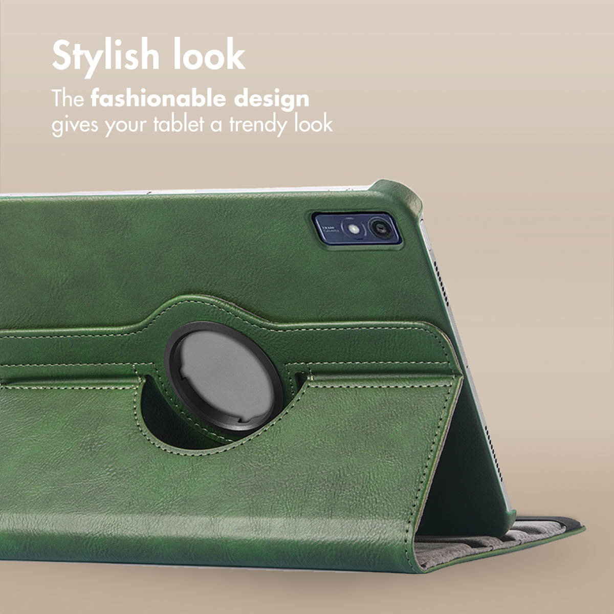 Green leather tablet case with camera cutout and stand on beige background.