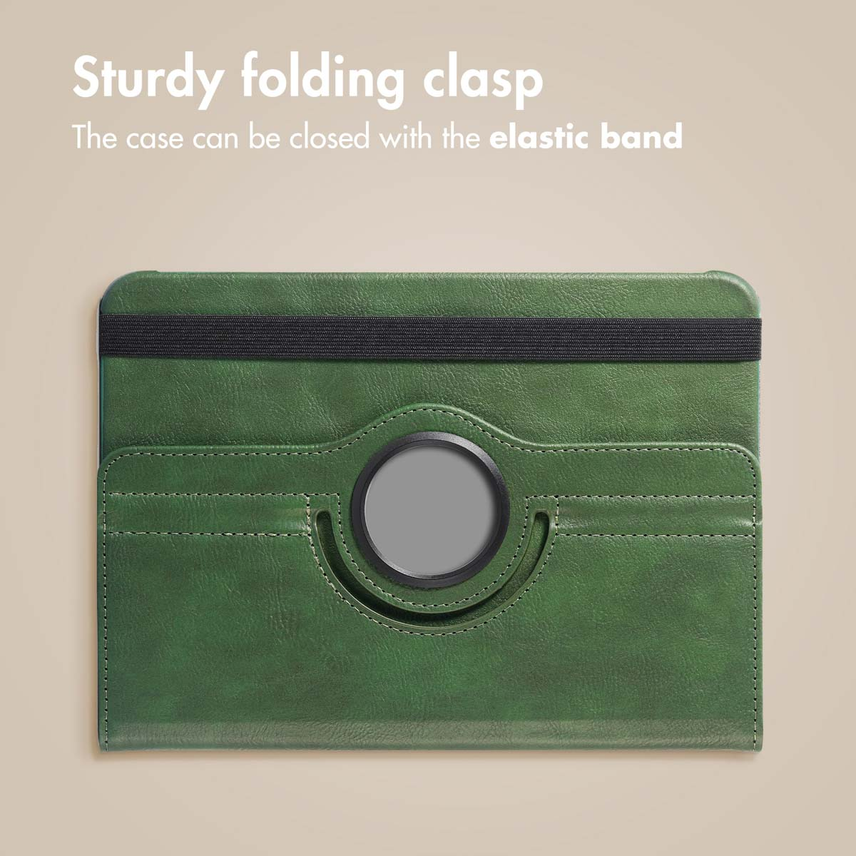 Green tablet case with a black elastic band and circular stand on a beige background.