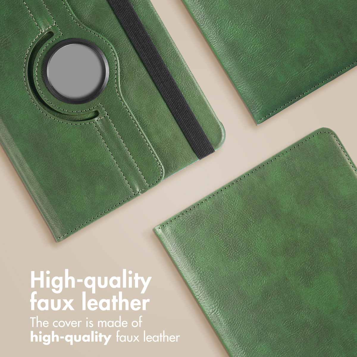 Three green faux leather tablet covers on a light background with text.