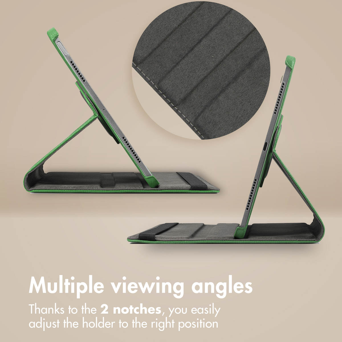 A grey tablet in a green case shown in two different viewing angles on a brown background.