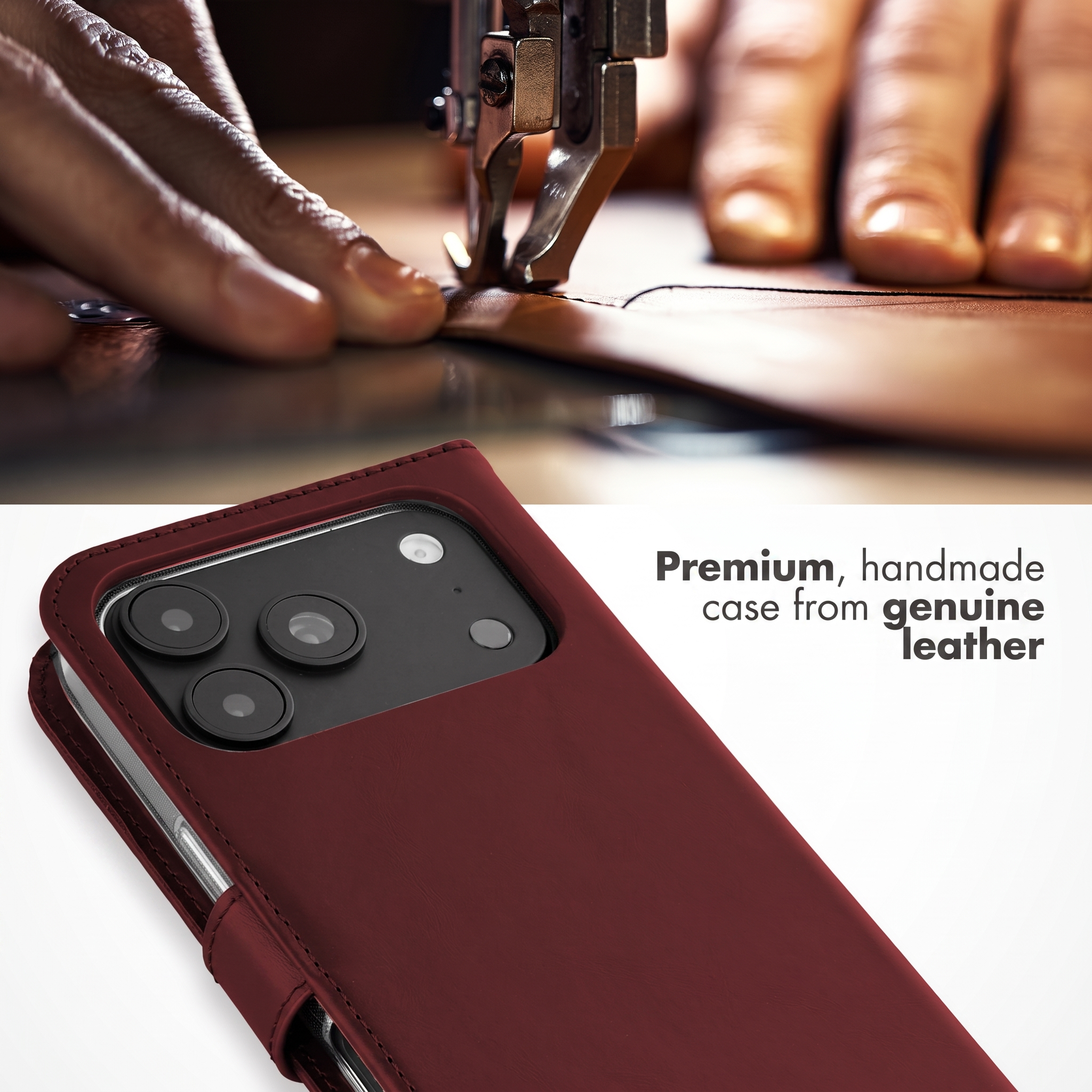 Eine rote Leder-Handyhülle mit Text und im Hintergrund Hände beim Nähen von Leder.